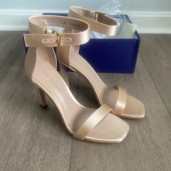 Stuart Weitzman Blush Silk Satin Square Nudist Heels Strappy Sandal Size 6 NIB - Picture 1 of 10